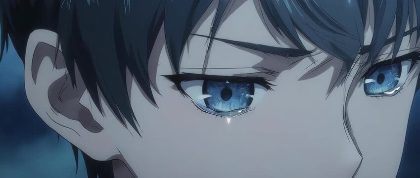 An emotionally charged, extreme close-up of an anime boy's eye as a single tear falls. The melancholic mood is enhanced by soft blue lighting and slow-motion effect. A powerful depiction of sadness.