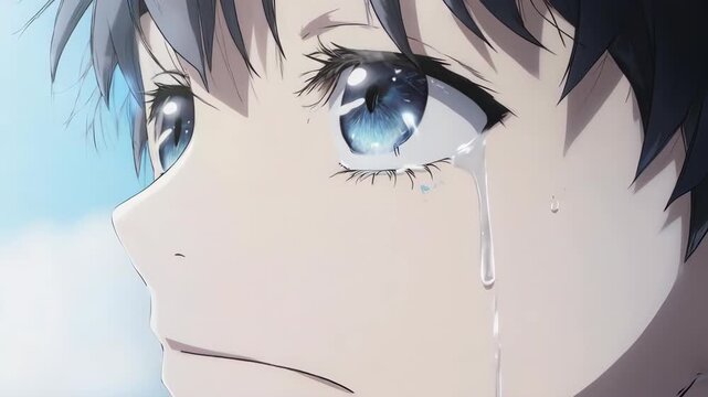 An emotionally charged, extreme close-up of an anime boy's eye as a single tear falls. The melancholic mood is enhanced by soft blue lighting and slow-motion effect. A powerful depiction of sadness.