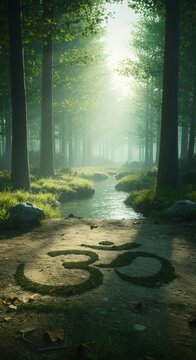 Om symbol made of moss on a forest path with a stream and sunny trees. Meditation, yoga, and healthy lifestyle concept for spiritual wellness.
