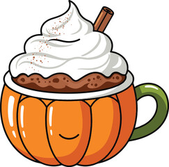 A charming pumpkin-shaped mug with a green leaf and vine handle, filled with a hot beverage, topped with whipped cream, mini marshmallows, and a sprinkle of spice.
