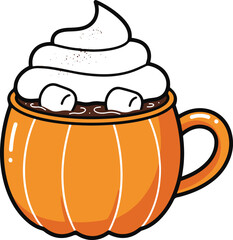 A simple and cute orange pumpkin-shaped mug filled with a hot beverage, generously topped with whipped cream and two floating marshmallows.