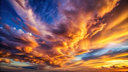Fototapeta premium Fiery Hues and Swirling Cloudscape at Sunset A Breathtaking Celestial Display of Color and Texture