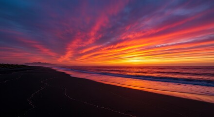 Vibrant sunrise over coastal beach