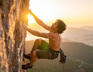 Male Rock Climber Ascending Cliffside at Sunset with Golden Light in Outdoor Adventure Scene