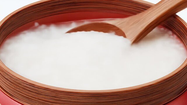 Creamy Rice Porridge in a Wooden Bowl with Spoon.
