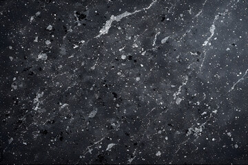 Dramatic black and dark grey abstract background with heavy texture and white paint splatters, resembling a cosmic starfield, distressed charcoal surface, or heavily spattered black granite.