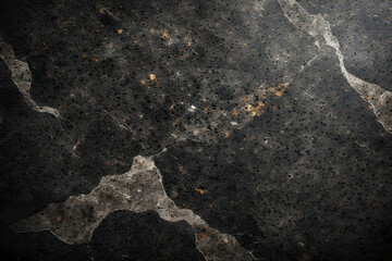 Dark, heavily distressed abstract texture background resembling cracked black marble or granite with large, jagged white and gray veins and scattered patches of rusty orange and gold speckles.