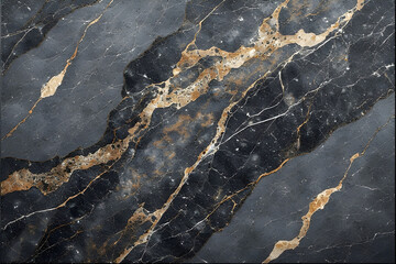 Dramatic black and dark grey abstract marble texture featuring bold, flowing veins of shimmering gold and delicate white cracks, creating a highly luxurious, modern, and high-contrast stone background
