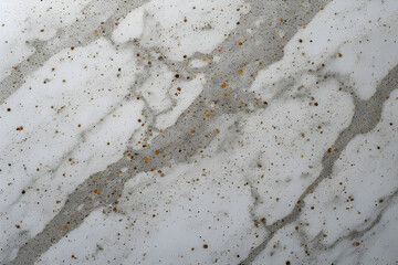Bright white abstract marble texture with diagonal flowing grey and subtle golden veins, covered extensively with fine black and brown speckles, resembling high-end quartz countertop material.
