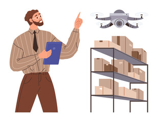Man with clipboard pointing at flying quadcopter near shelves of boxes for stock tracking. Ideal for logistics, supply chain, inventory management, warehouse automation, smart technology, business