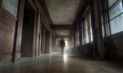 Obraz premium Eerie hallway with a ghostly figure, abandoned building, haunting atmosphere.