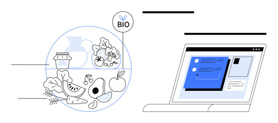 Variety of fresh organic produce, BIO label, and preserved items placed near a laptop screen with digital content. Ideal for technology, sustainability, healthy food, organic marketing, online