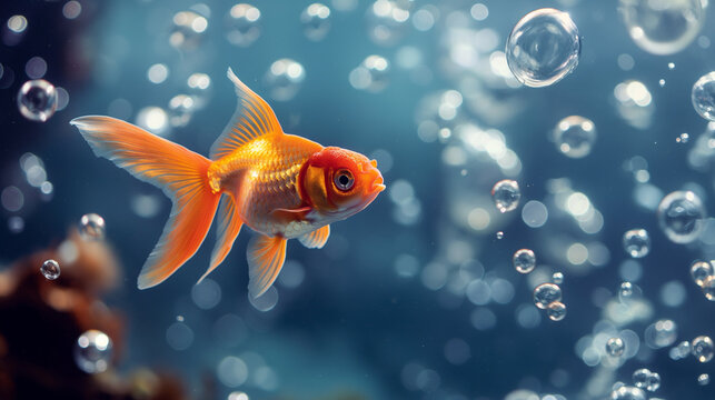 Peixe Dourado Laranja Brilhante Nadando em &Aacute;gua com Bolhas