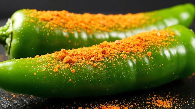 Closeup of two vibrant green chili peppers generously sprinkled with a rich orange spice blend creating a striking contrast and emphasizing their texture and color.