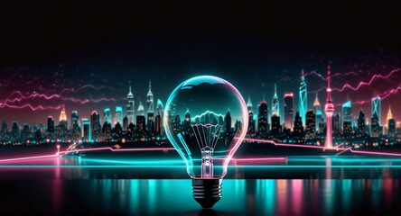 Geometric, neon pink and blue lines trace a stylized cityscape silhouette against a dark background, suggesting a vibrant, futuristic urban environment.