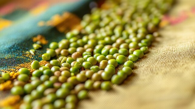 Close-up of fresh green peas on colorful fabric