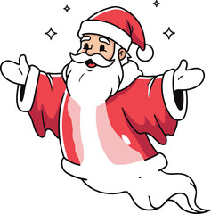 A charming cartoon illustration depicting a magical Santa Claus with a ghost-like lower body, arms outstretched and surrounded by sparkling effects, conveying a sense of enchantment and holiday wonder