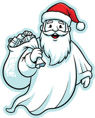 A playful cartoon illustration of a friendly ghost resembling Santa Claus, complete with a red hat and white beard, carrying a sack full of presents over its shoulder.