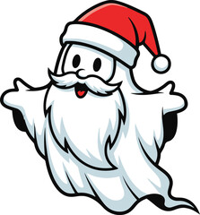 A charming cartoon illustration of a friendly ghost wearing a Santa hat and a white beard, perfect for festive and spooky season designs.