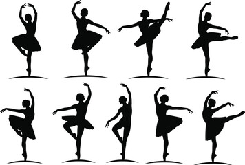 Ballet Dancer Silhouettes in Classical Poses with Graceful Arm and Leg Movements, Stage Balance, Artistic Vector Style, and Dance Elegance © Parvej Creatives