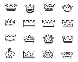 Collection of Royal Crown Icons – Black Silhouette, Line and Hand-Drawn Vector Designs for King and Queen Symbols