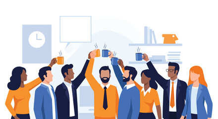 Diverse group of business professionals celebrating success with coffee in modern office, feeling motivated and united, fostering positive work environment.