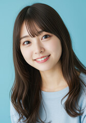 Fototapeta premium Radiant Smile Portrait: A captivating portrait of a smiling person with beautiful face features and gorgeous hair, conveying warmth, friendliness, and approachability.