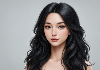 Fototapeta premium Ethereal Portrait: A captivating portrait of a woman with striking black hair, her gaze both serene and alluring, radiates a sense of tranquility and beauty.