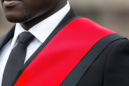 Black graduate wearing suit and red sash at award ceremony smiling with proud expression