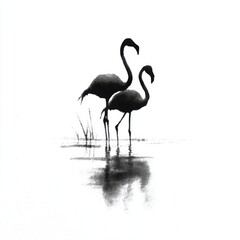 Obraz premium Elegant Flamingo Silhouette - Serene Reflection in Calm Waters.