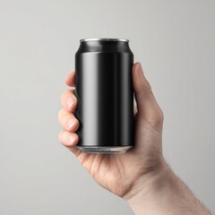 Hand holding a black beverage can against plain background