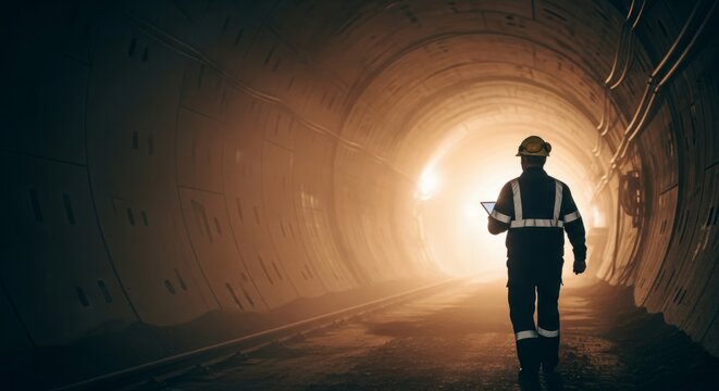 Worker in tunnel inspecting and carrying clipboard