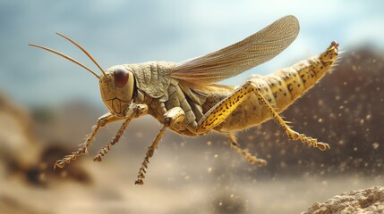 Desert locust in flight, dusty landscape background