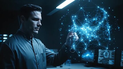 Futuristic scientist interacts with advanced AI neural network hologram Man exploring digital data connections and innovative technology in a high-tech lab  - Powered by Adobe