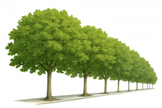 Row of green deciduous trees with lush foliage creating a natural alley along a path, transparent background