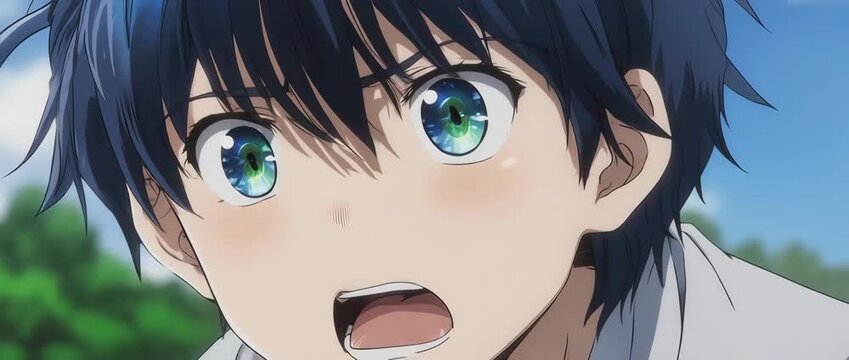 A clean, high-resolution close-up of an anime boy's face in a moment of pure surprise. His wide eyes and open mouth clearly express shock and astonishment. Versatile for various reaction concepts.