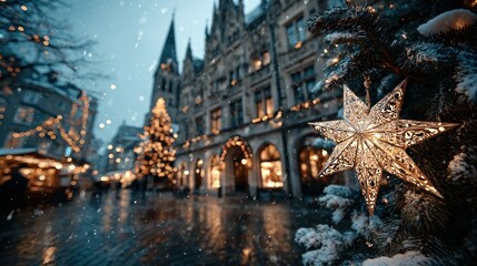 Christmas Market Scene in a Snowy European City with Decorated Christmas Star