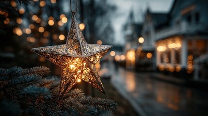 Christmas Star Ornament with Glowing Lights and Festive Holiday Decorations Scene