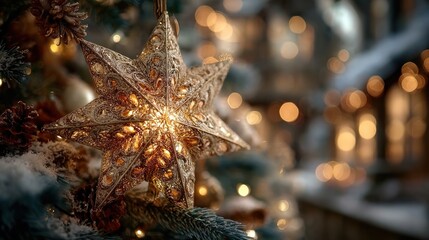 Christmas Ornament in the Shape of a Star Adorning a Festive Christmas Tree Background