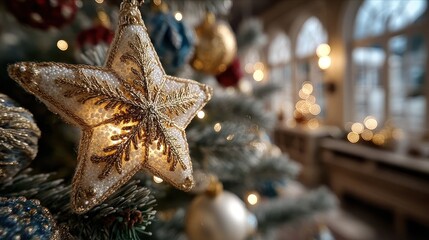 Close-up shot of a shining star Christmas ornament on a decorated Christmas tree