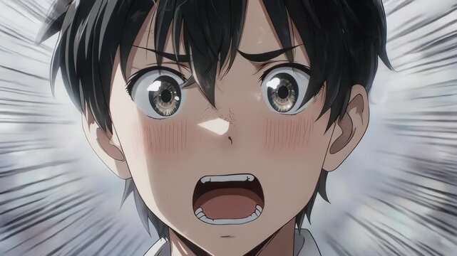 A clean, high-resolution close-up of an anime boy's face in a moment of pure surprise. His wide eyes and open mouth clearly express shock and astonishment. Versatile for various reaction concepts.