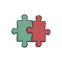 Two interlocking jigsaw puzzle pieces, one green and one red, symbolize connection and collaboration. Vector illustration