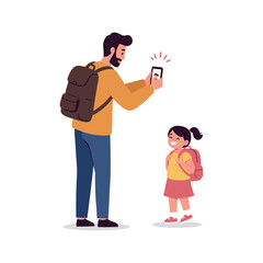Caucasian adult male taking a photo of a smiling young caucasian girl with backpacks, captured in a candid moment of family bonding. Vector illustration