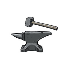 A detailed illustration of a blacksmith's anvil and hammer, showcasing essential tools for metalwork and craftsmanship. Vector illustration
