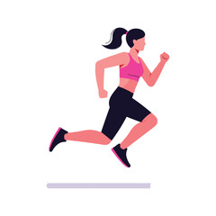 Female runner in pink sports attire actively sprinting with determination on a white background. Vector illustration