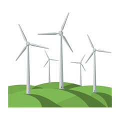Fototapeta premium Row of large wind turbines standing on rolling green hills, symbolizing renewable energy and environmental sustainability. Vector illustration