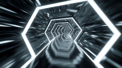 Futuristic hexagonal tunnel with glowing neon lights moving forward
