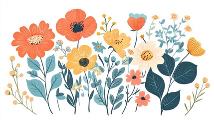 Obraz premium Colorful Floral Arrangement, Spring Flowers, Elegant Design, White Background, Digital Illustration