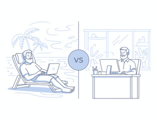 This image contrasts two lifestyles: one of relaxation at the beach with a laptop and the other of focused work in an office, highlighting the balance between work and leisure.