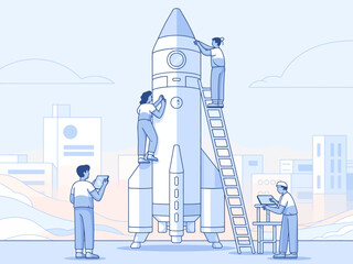 Captured in this image is a dynamic team assembling a rocket, emphasizing teamwork, creativity, and the collective pursuit of ambitious goals in a modern context.